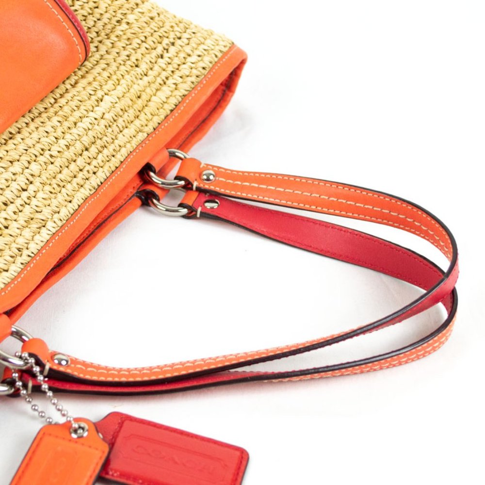 Coach Straw Natural & Tangerine Leather Shopper Pocket Tote Bag - Picture 14 of 15